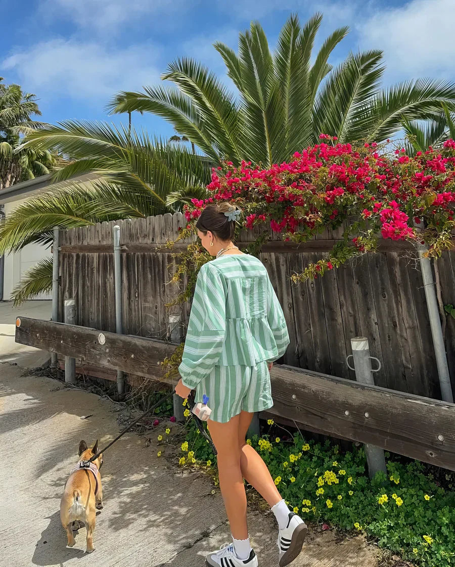 Women's Striped Two-Piece Set with Long-Sleeve Top and Shorts