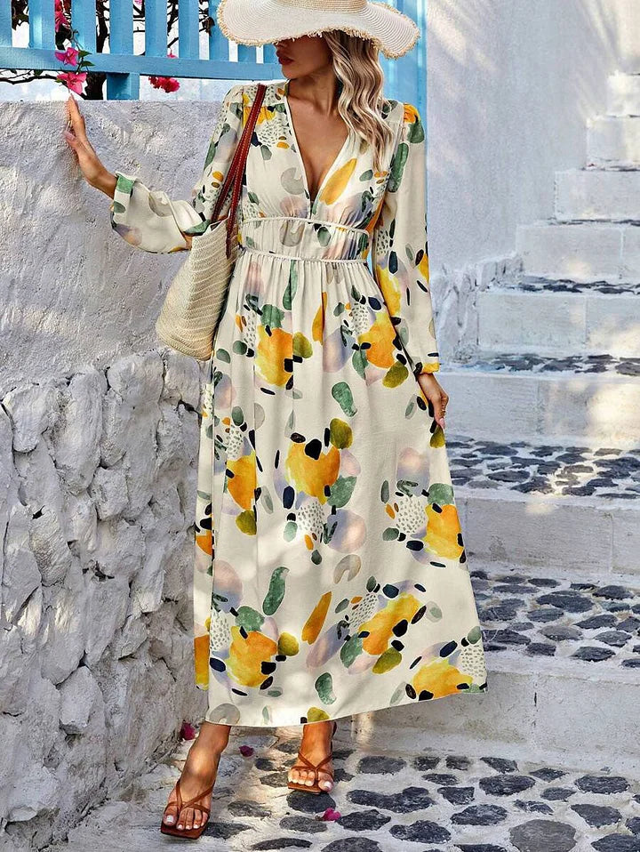Women's Long Sleeve V-Neck Maxi Dress with Cinched Waist and Print