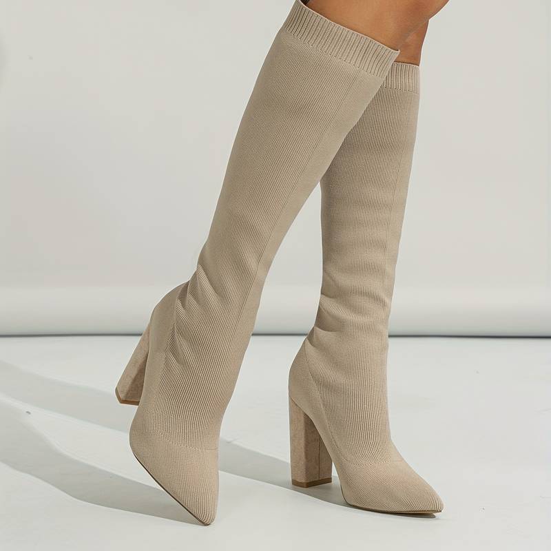 Women's Knee High Sock Boots with Pointed Toe and Block Heel