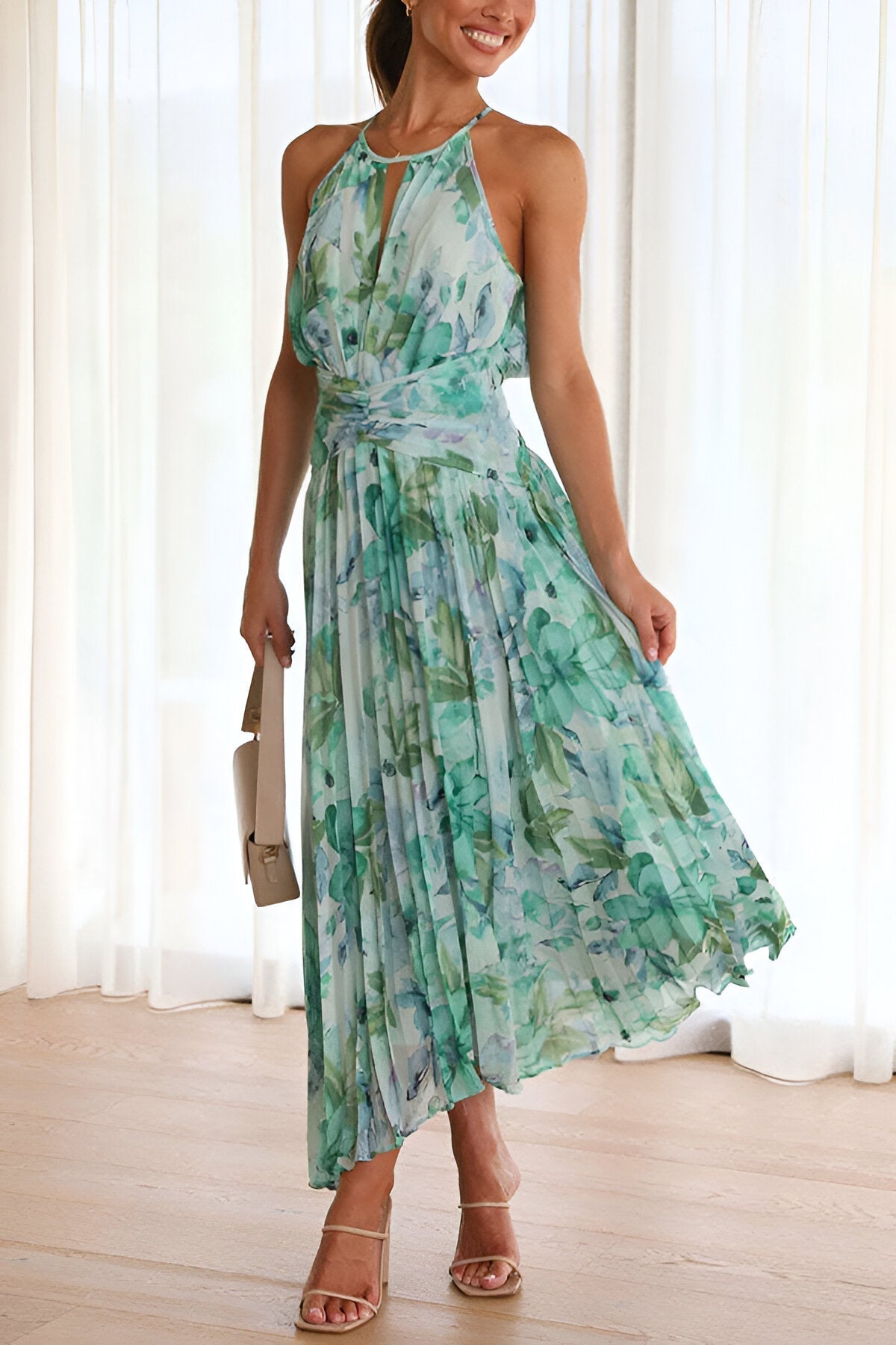 Women's Halter Maxi Dress with Pleated Waist and Watercolor Floral Print