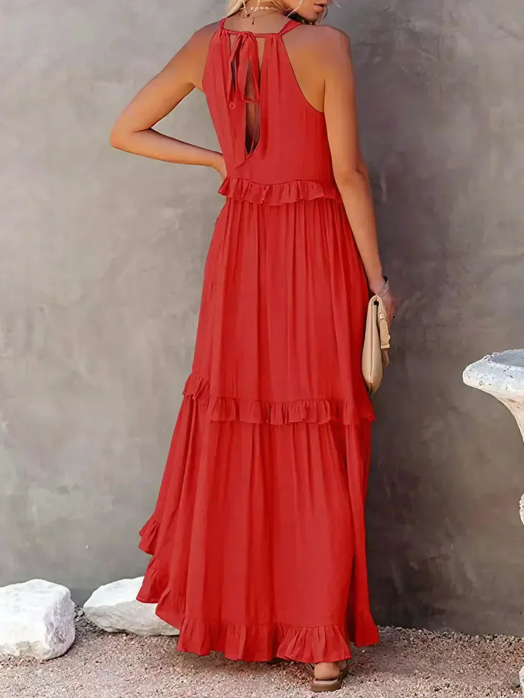 Women's Halterneck Maxi Dress with Ruffle Layers and Side Pockets