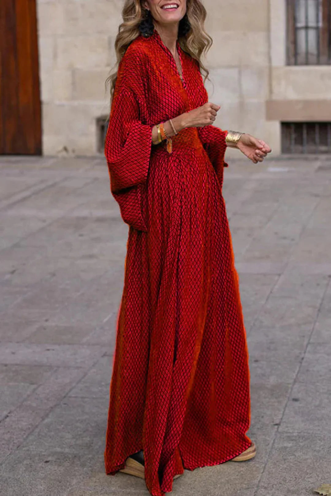 Women's Geometric Print Maxi Dress with Long Sleeves and V-Neck