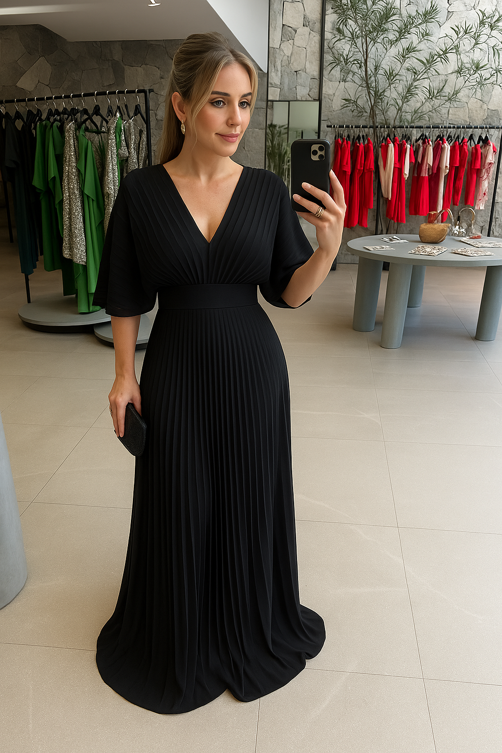 Women’s Elegant Maxi Dress with Pleated Skirt and Wide Sleeves