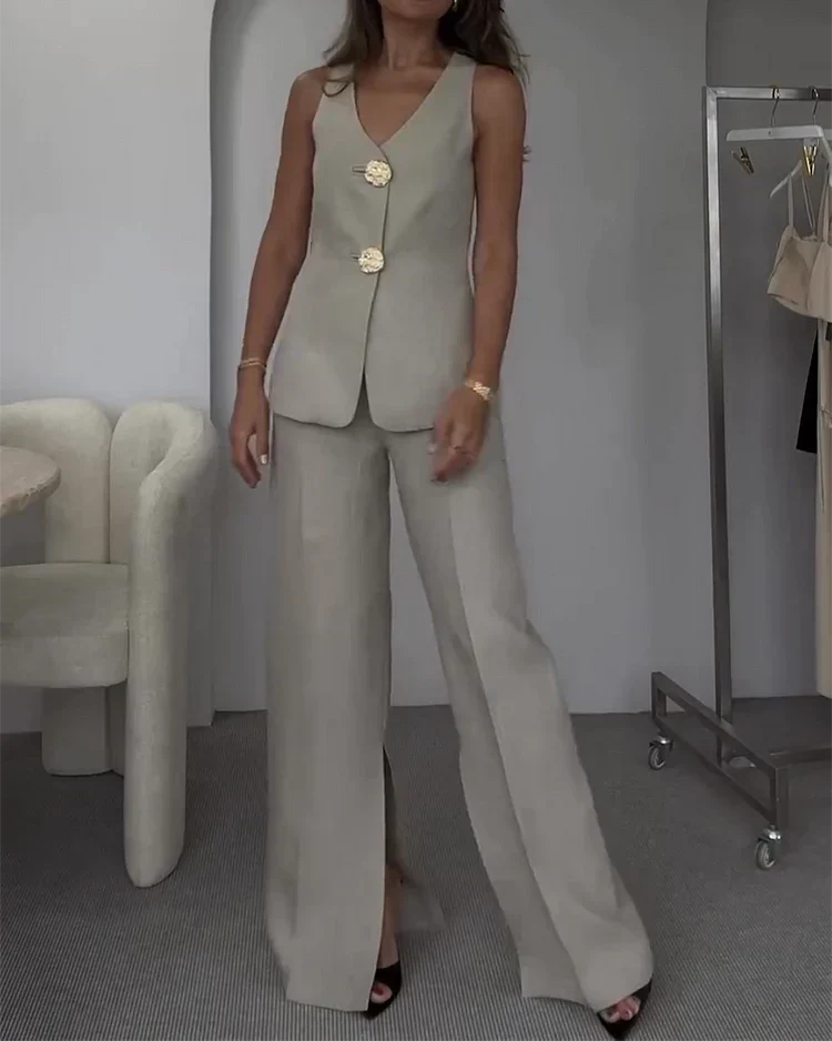 Women’s Two-Piece Suit Set with Sleeveless Blazer and Wide-Leg Pants