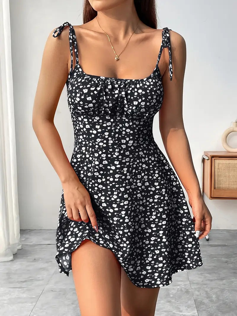 Women's Mini Dress with Floral Print and Tie Straps