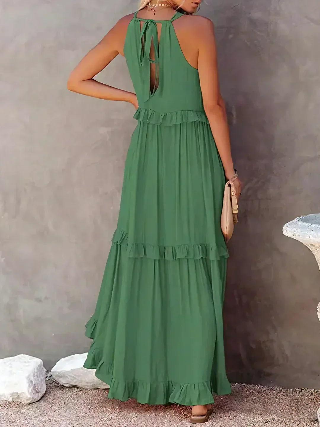 Women's Halterneck Maxi Dress with Ruffle Layers and Side Pockets