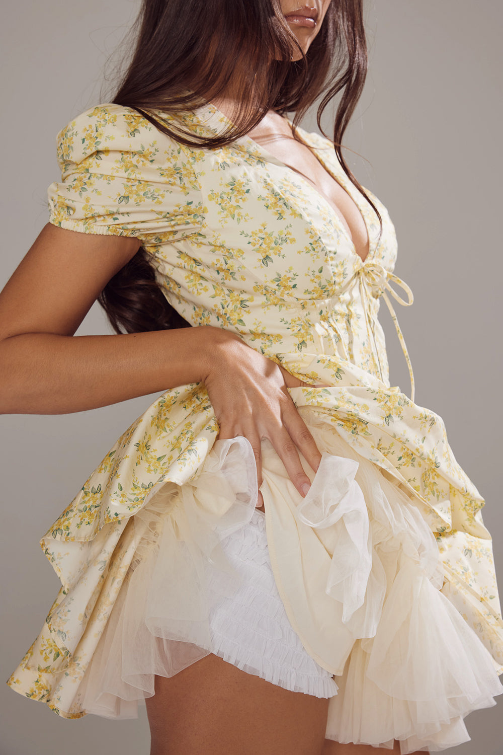 Women's Puff Sleeve Mini Dress with V-Neck and Tie Front