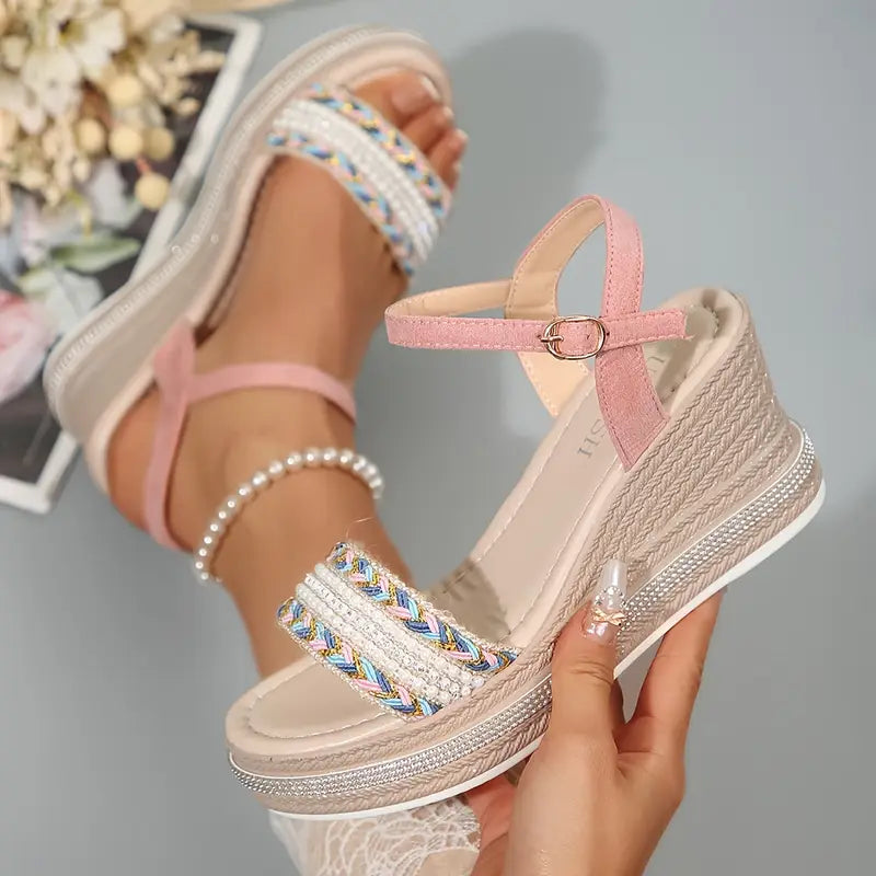 Women's Wedge Sandals with Braided Strap and Ankle Buckle