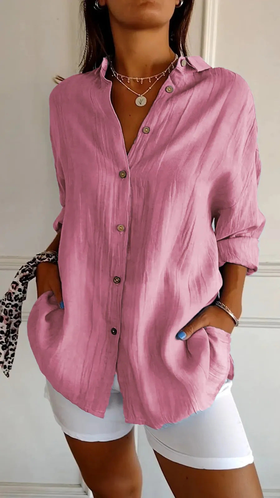 Women's Button-Down Shirt with Lapel and Long Sleeves