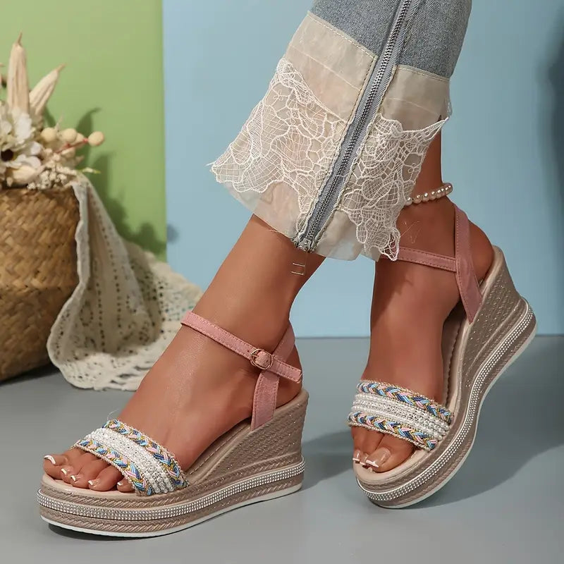 Women's Wedge Sandals with Braided Strap and Ankle Buckle