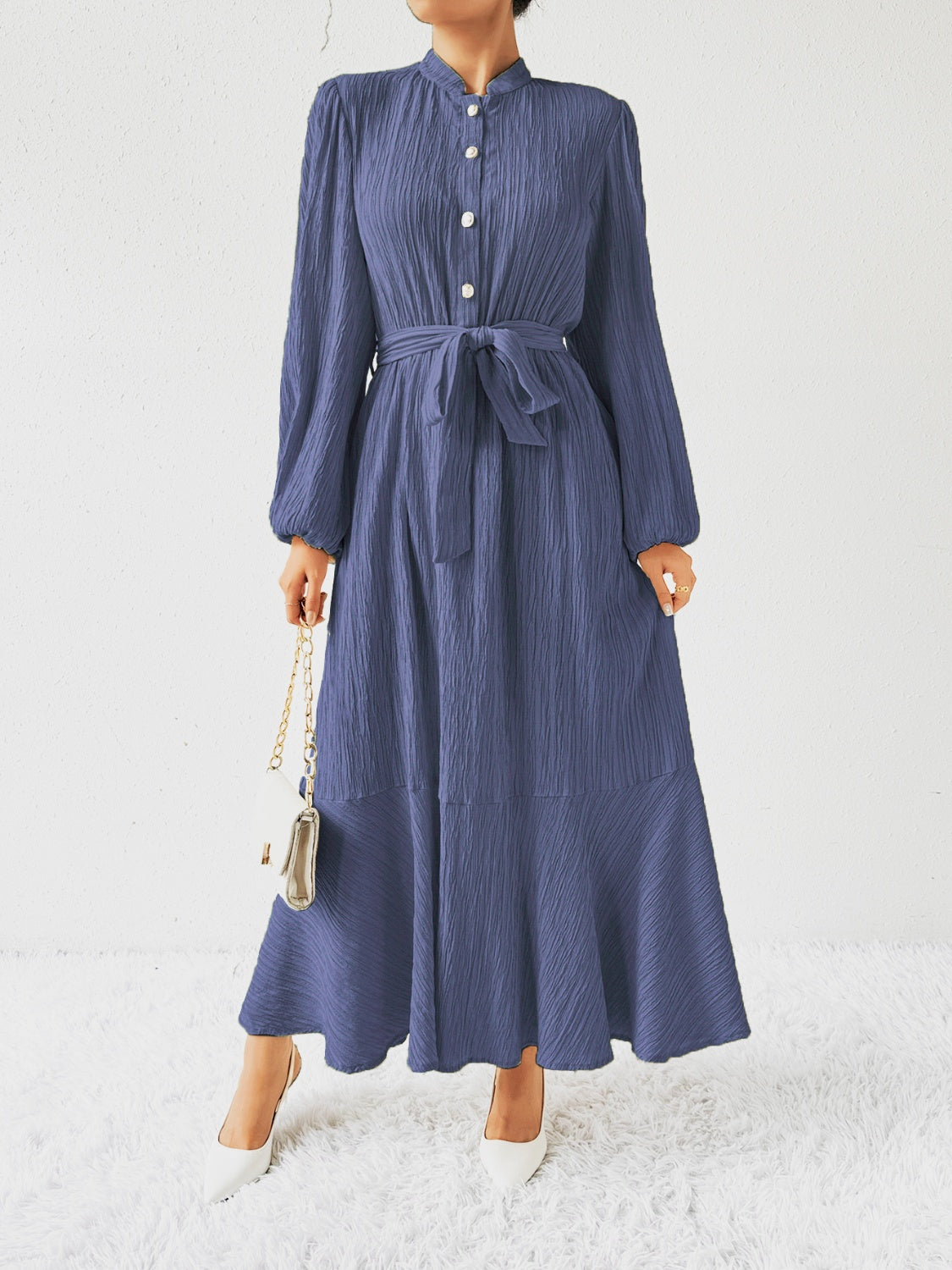 Women's Long-Sleeve Buttoned Maxi Dress with Waist Tie