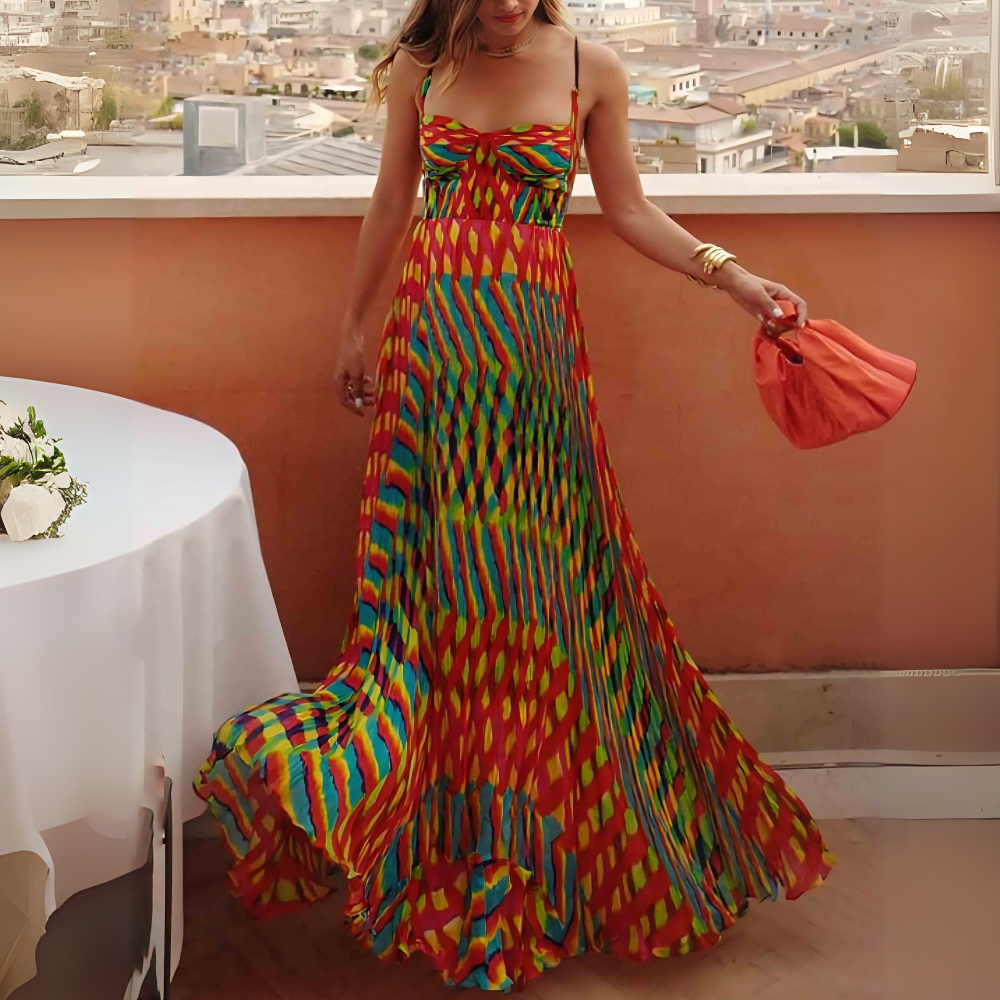 Women's Spaghetti Strap Maxi Dress with Multicolor Print and A-Line Silhouette