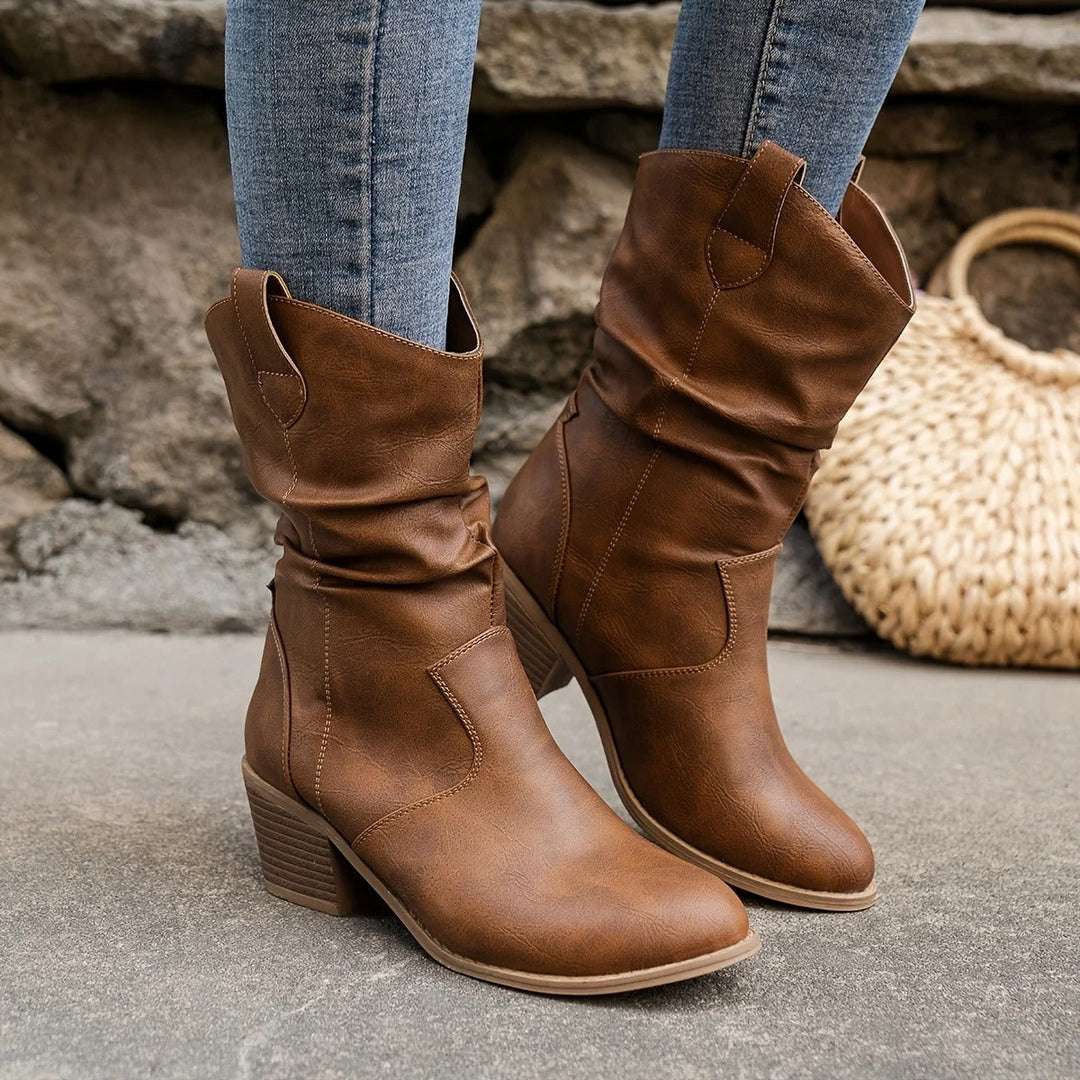 Women's Mid-Calf Western Cowboy Boots with Stacked Block Heel