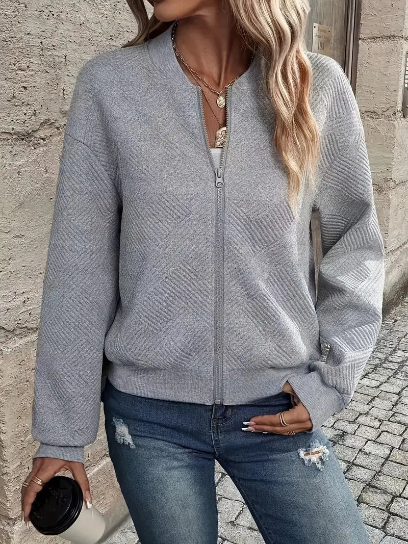 Women’s Zip-Up Textured Cardigan with Ribbed Hem and Long Sleeves