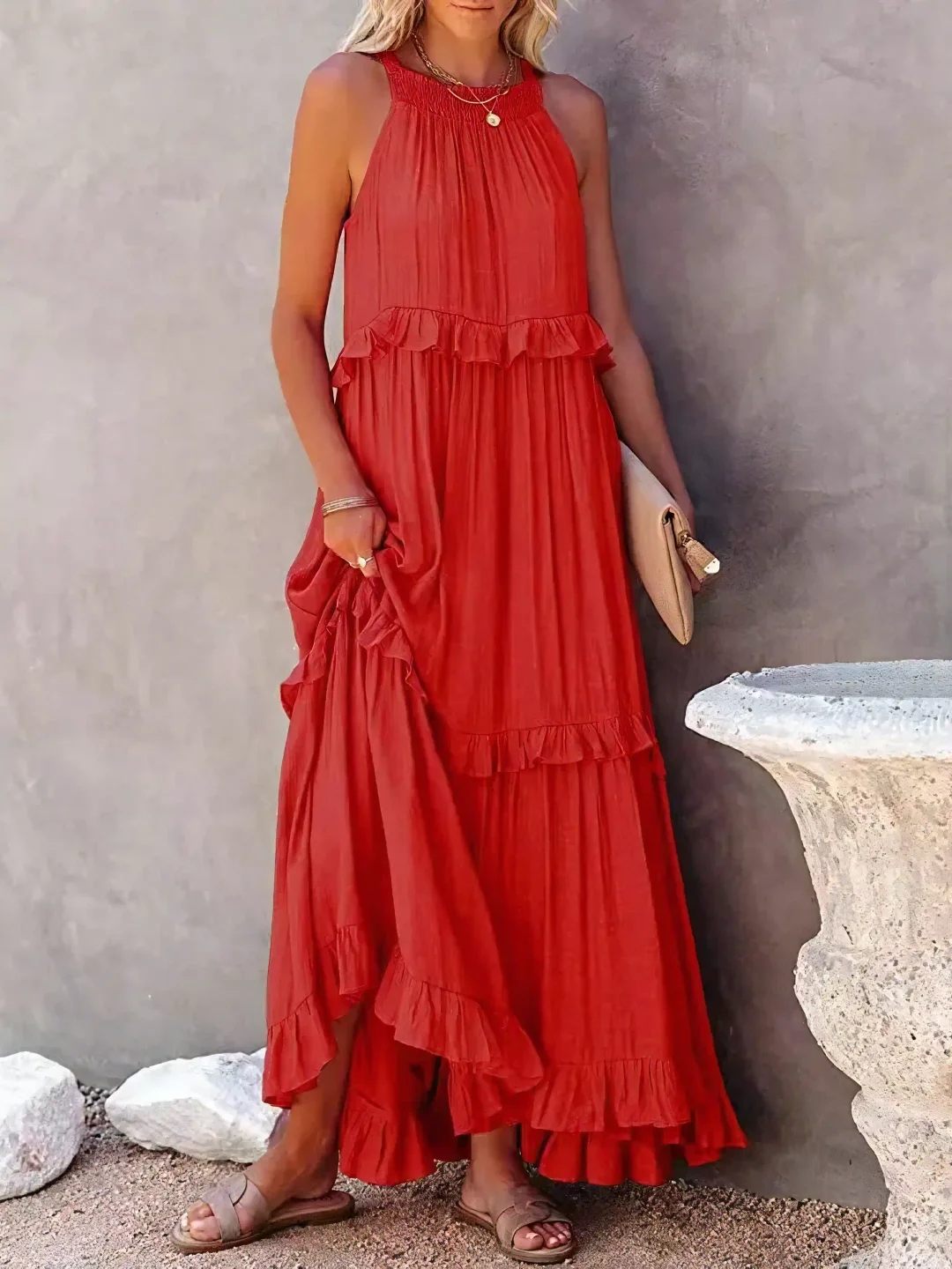 Women's Sleeveless Maxi Dress with Ruffled Skirt