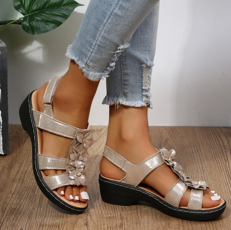 Women's Wedge Sandals with Floral Straps and Adjustable Back Closure