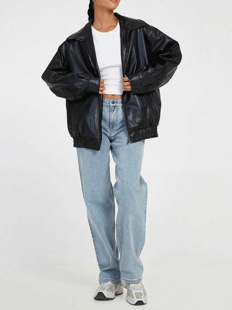 Women's Oversized Leather Bomber Jacket with Zipper Front
