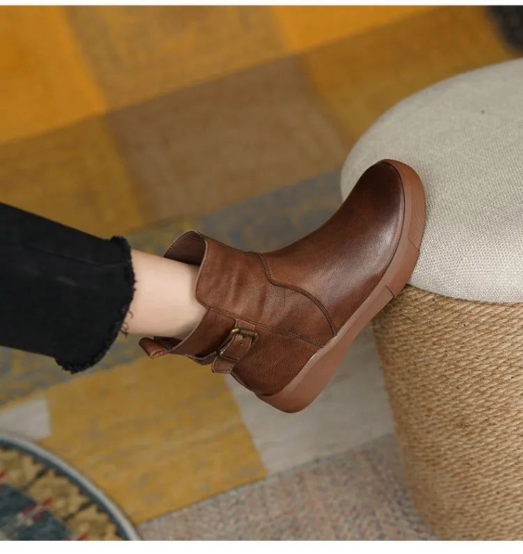 Women’s Mid-Ankle Boots with Side Buckle and Flat Comfort Sole