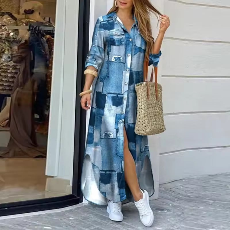 Women's Long Denim Print Shirt Maxi Dress with Button Front and Pockets