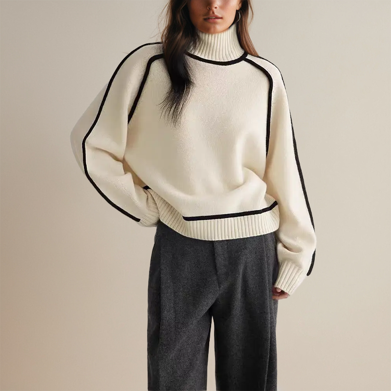 Women’s Oversized Turtleneck Sweater with Contrast Sleeve Trim