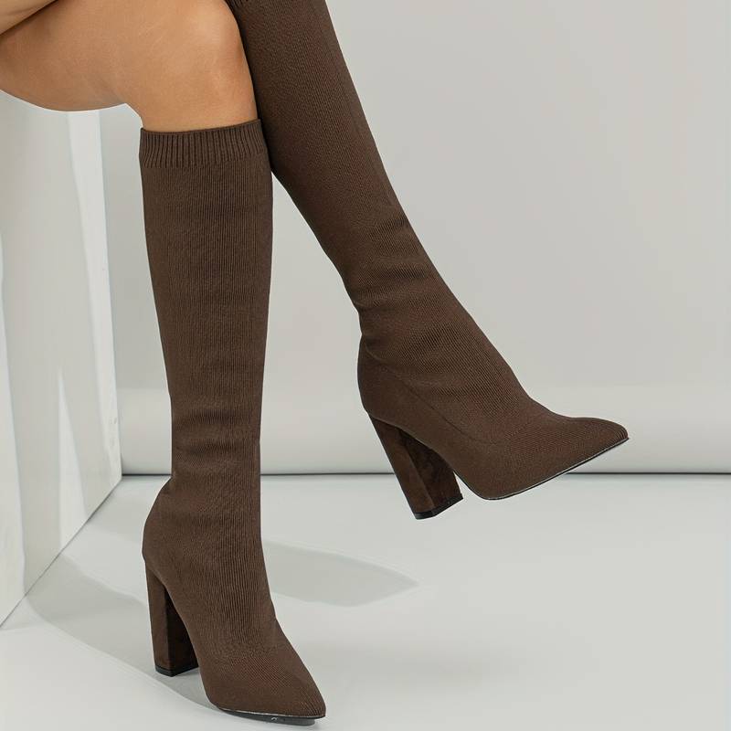Women's Knee High Sock Boots with Pointed Toe and Block Heel