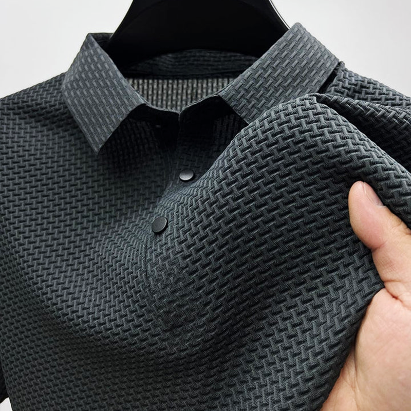 Men's Textured Short Sleeve Polo Shirt with Modern Button Detail