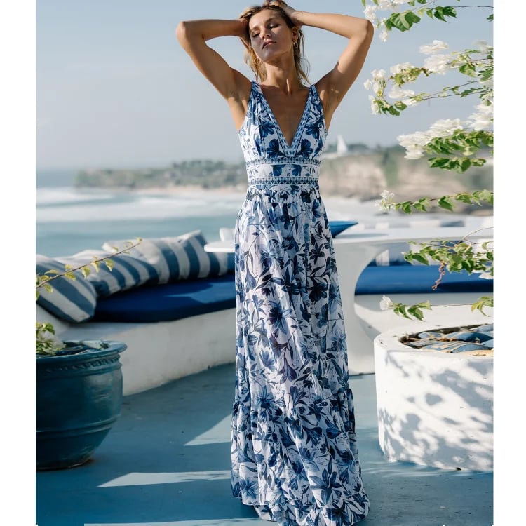 Women's Deep V-Neck One-Piece Swimsuit with Floral Print
