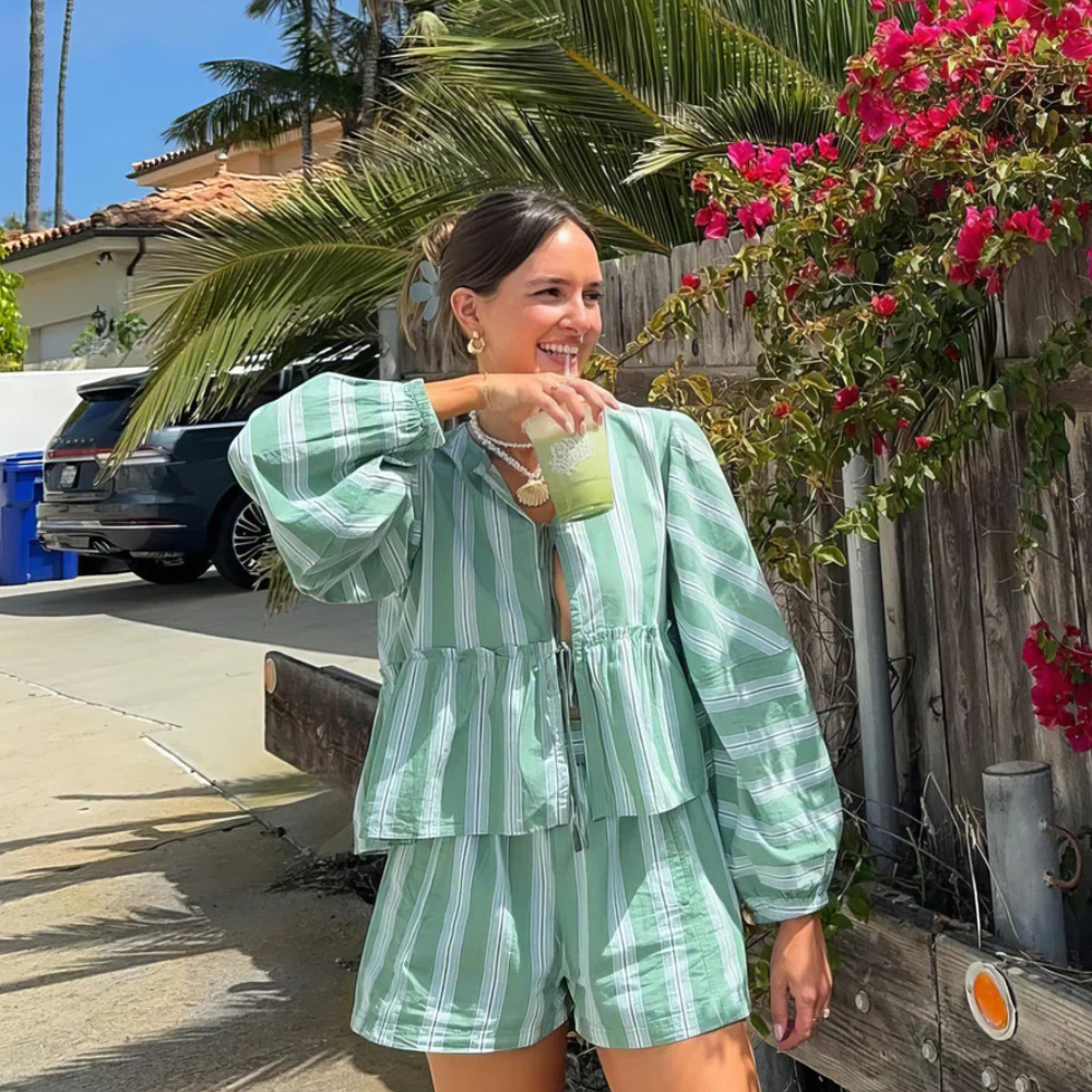 Women's Striped Two-Piece Set with Long-Sleeve Top and Shorts