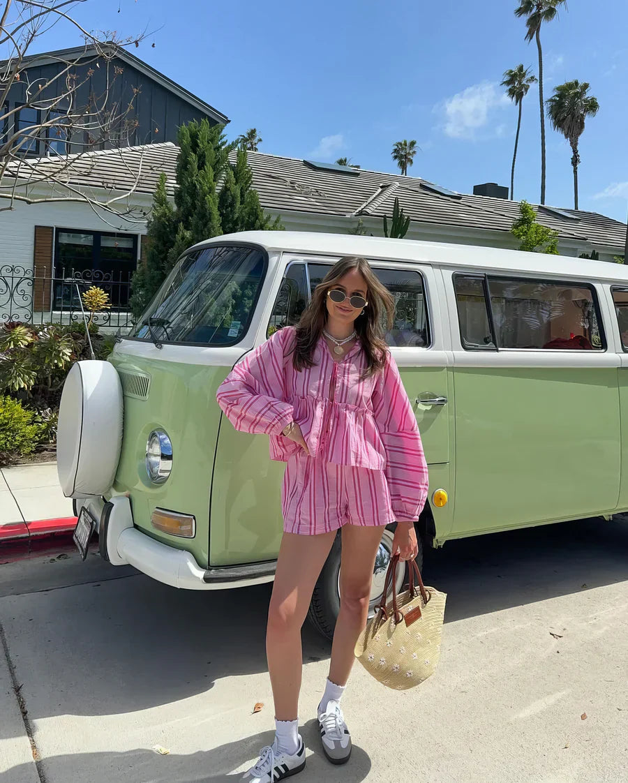 Women's Striped Two-Piece Set with Long-Sleeve Top and Shorts