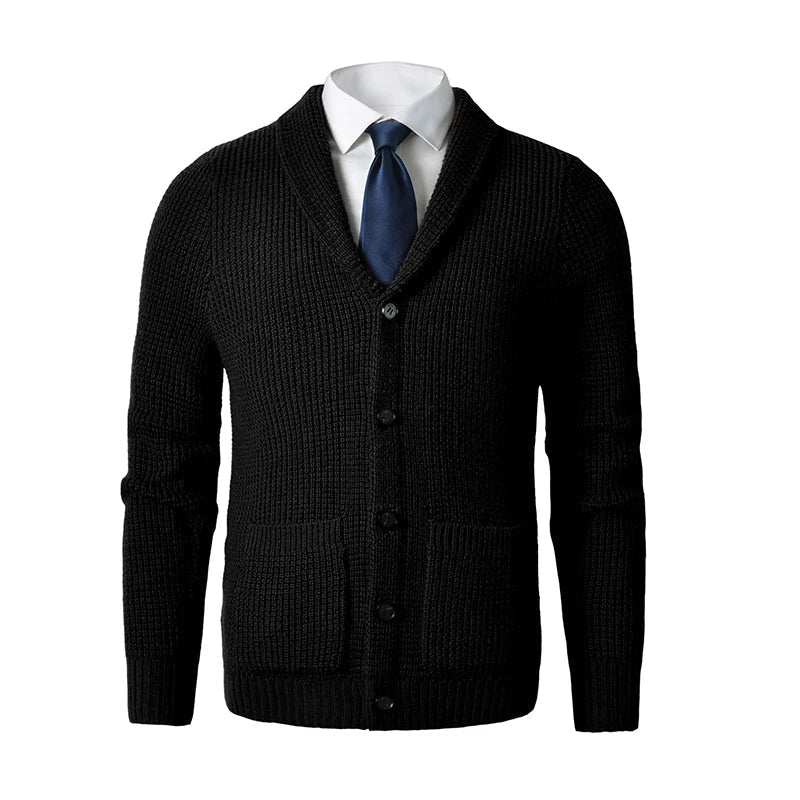 Men's Button-Up Knit Cardigan with Shawl Collar and Front Pockets