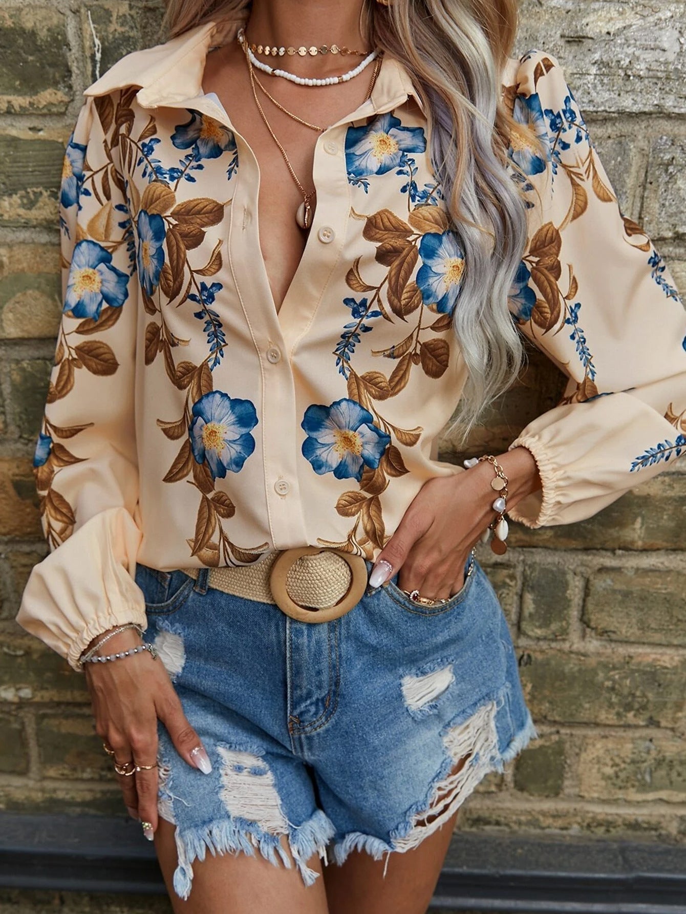 Women's Long-Sleeve Button-Up Blouse with Floral Print