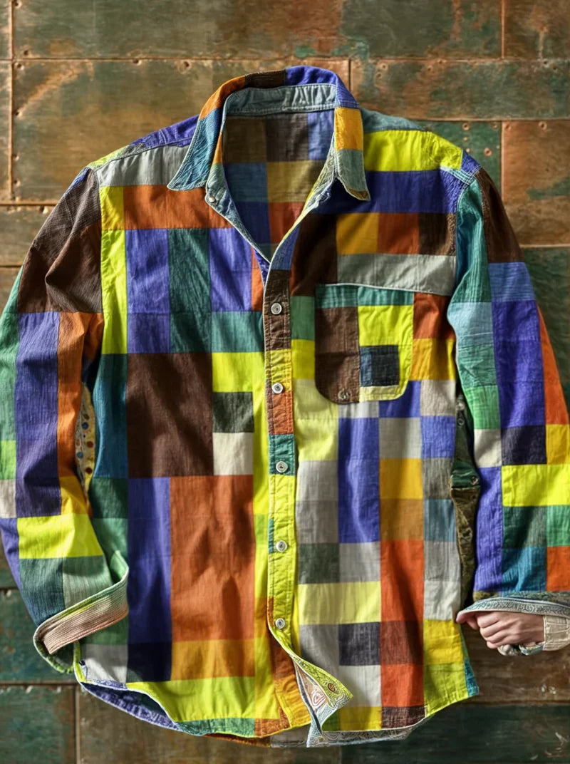 Men's Long Sleeve Patchwork Shirt with Pocket and Button Front