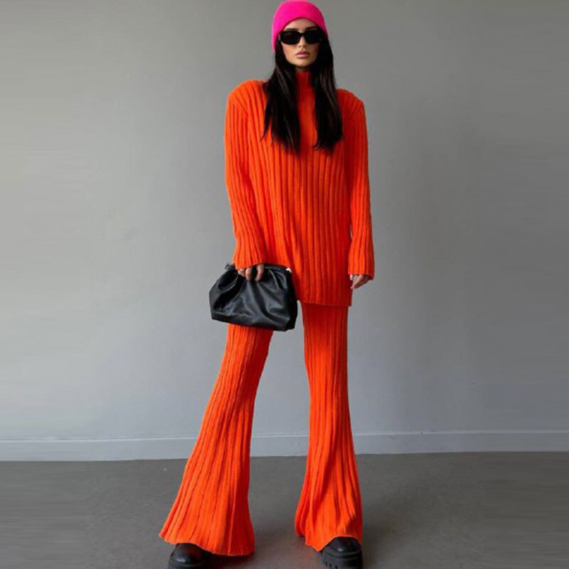 Women's 2-Piece Co-ord Loungewear Set with Ribbed Flared Pants