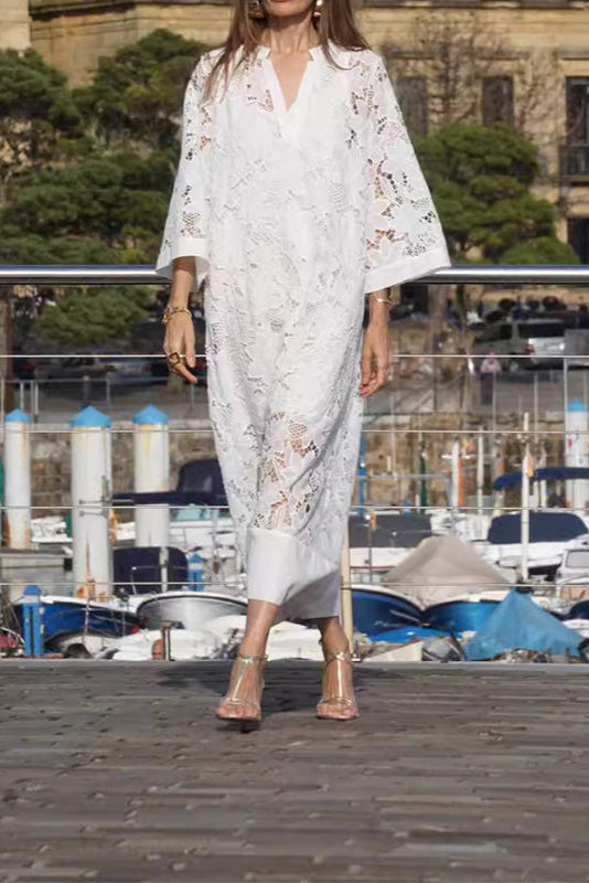 Women's Elegant Lace Maxi Dress with Sheer Floral Overlay