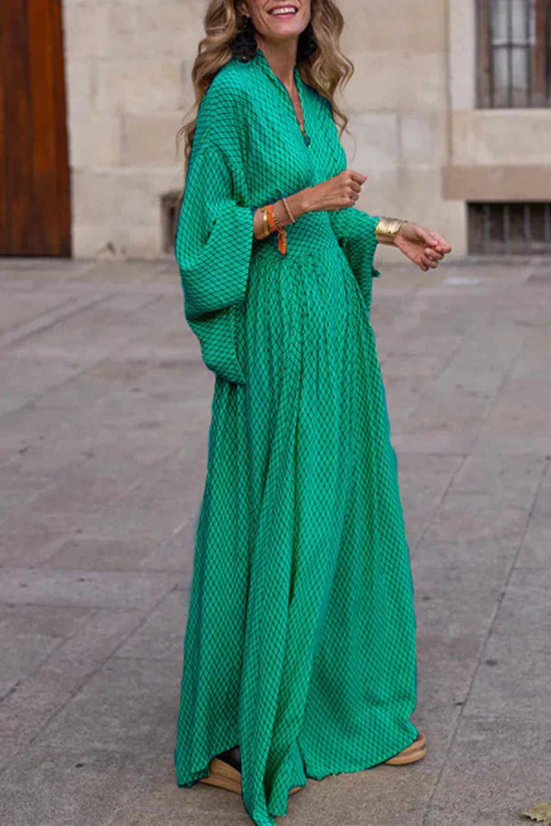 Women's Geometric Print Maxi Dress with Long Sleeves and V-Neck