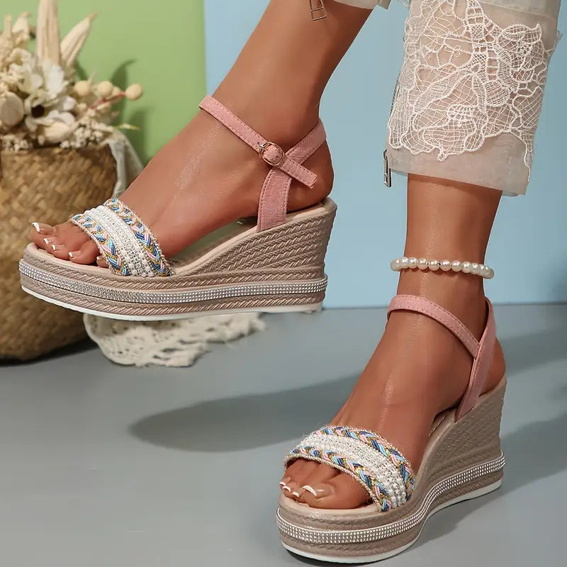 Women's Wedge Sandals with Braided Strap and Ankle Buckle