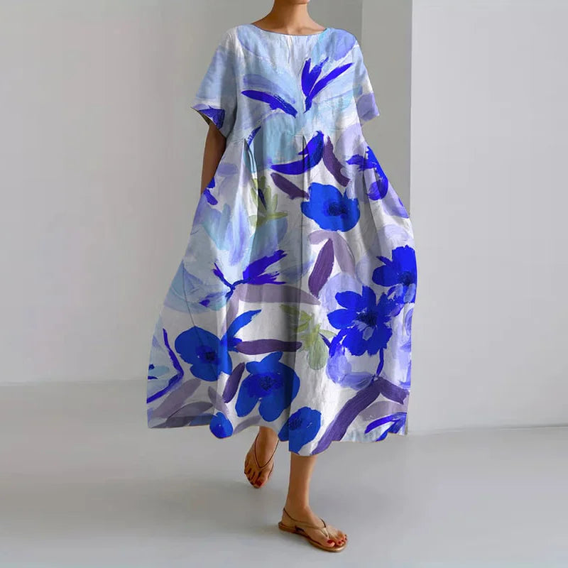 Women's V-Neck Floral Maxi Dress with Relaxed Fit and 3/4 Sleeves