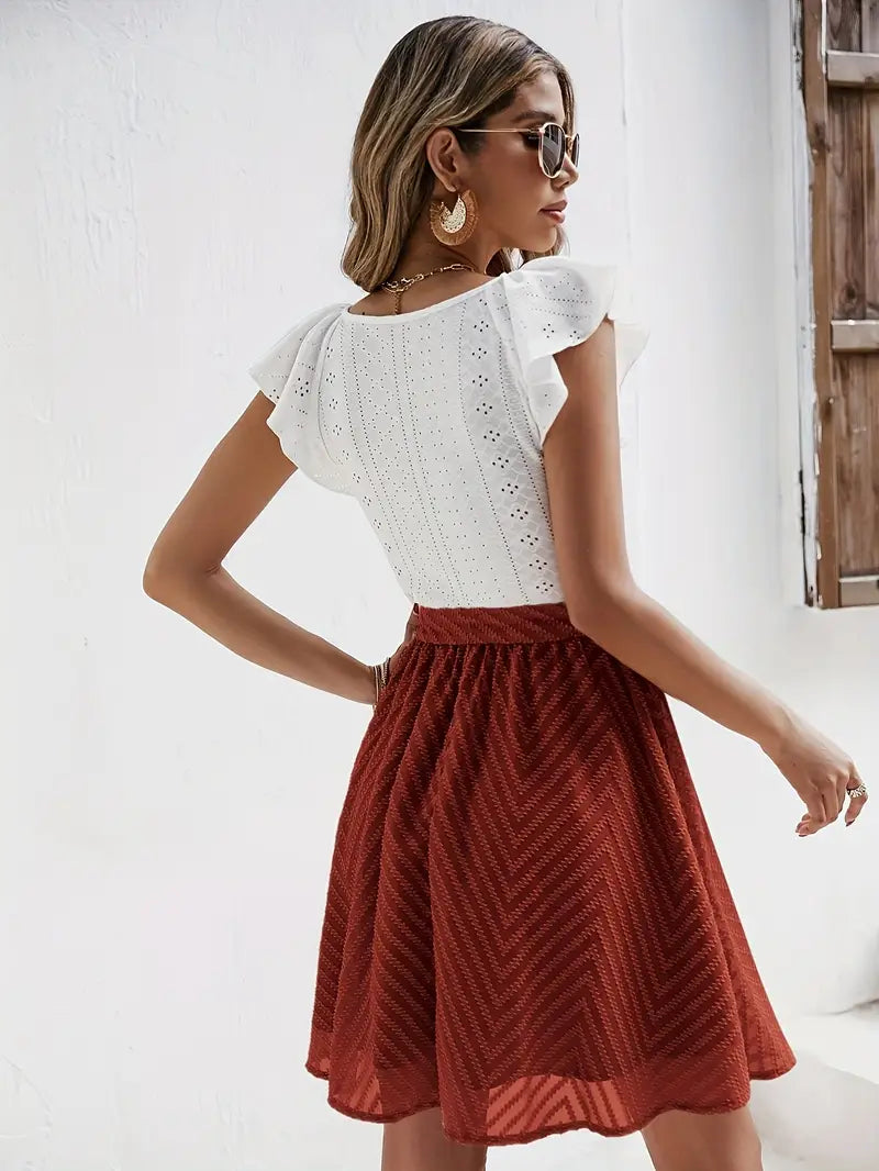 Women's Two-Tone Mini Dress with Eyelet Top and Waist Tie Skirt