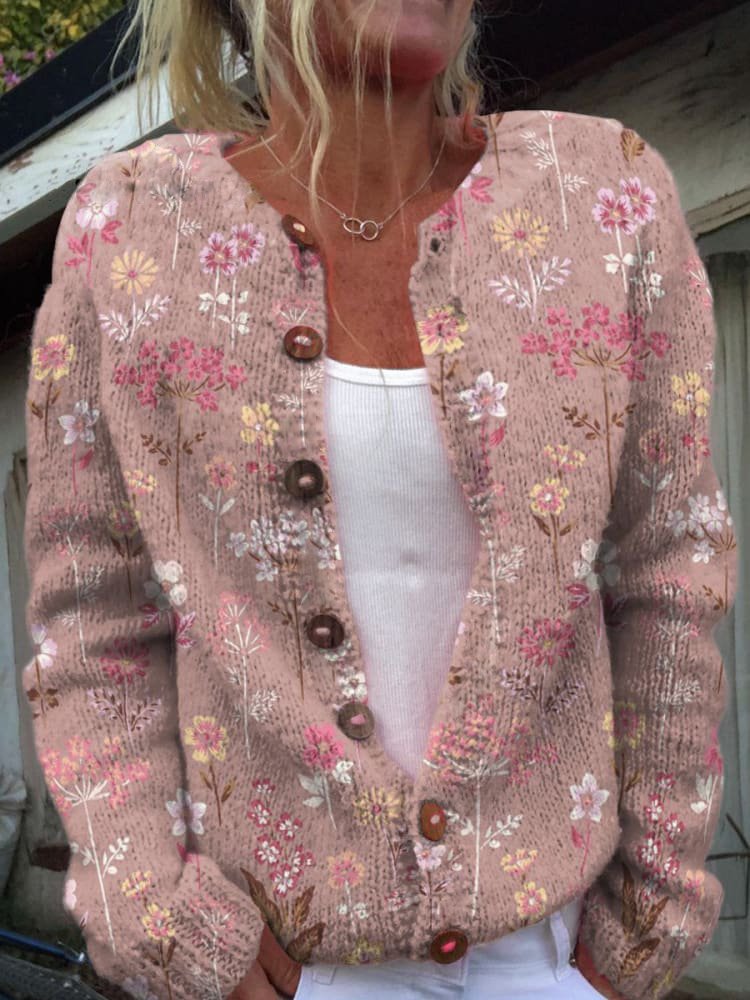 Women's Floral Knit Cardigan with Crew Neck and Button Closure