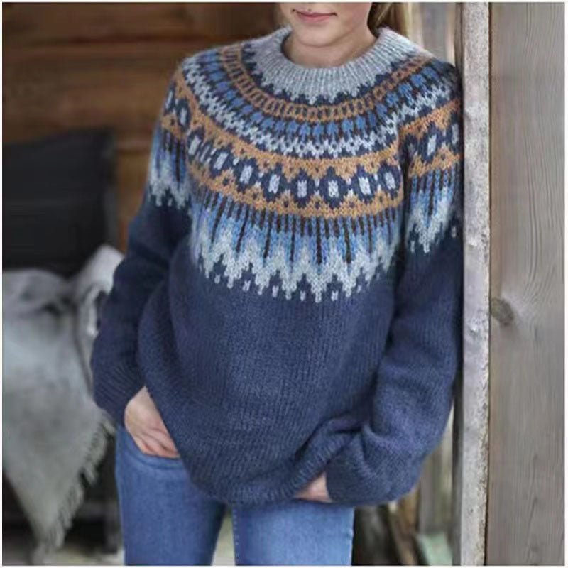 Women’s Fair Isle Crewneck Jumper with Cozy Relaxed Fit