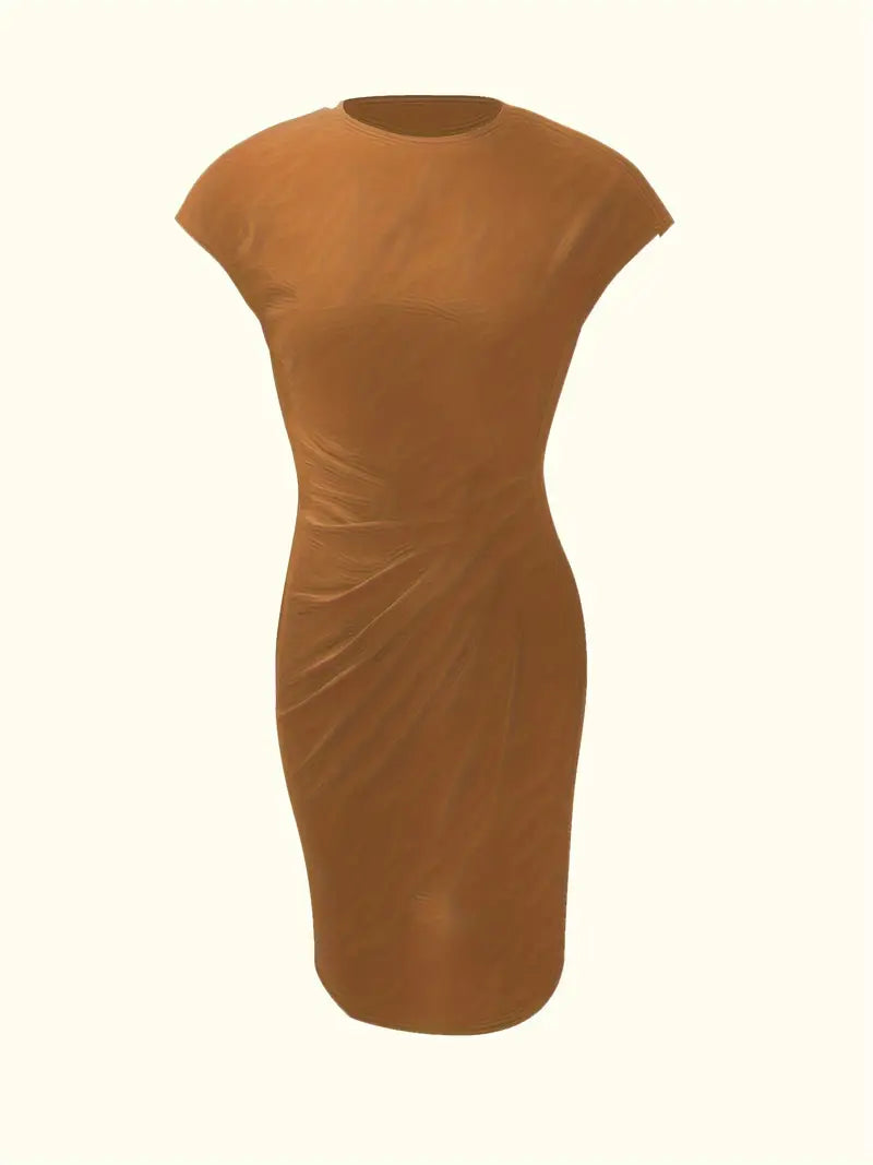Women's Knee-Length Sheath Dress with Ruched Waist and Cap Sleeves