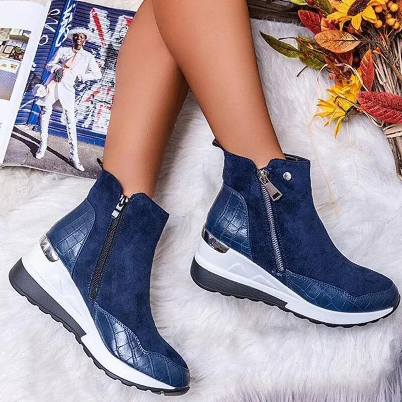 Women’s Mid-Height Wedge Ankle Boots with Side Zipper and Gold Trim
