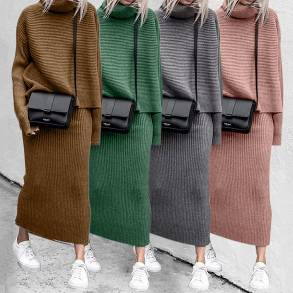 Women's Ribbed Turtleneck 2-Piece Co-ord with Sweater and Skirt