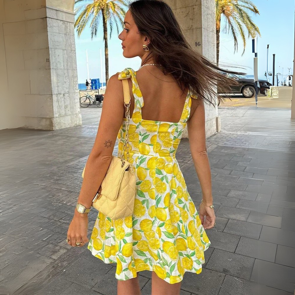 Women's Sleeveless A-Line Mini Dress with Square Neck and Bow Straps