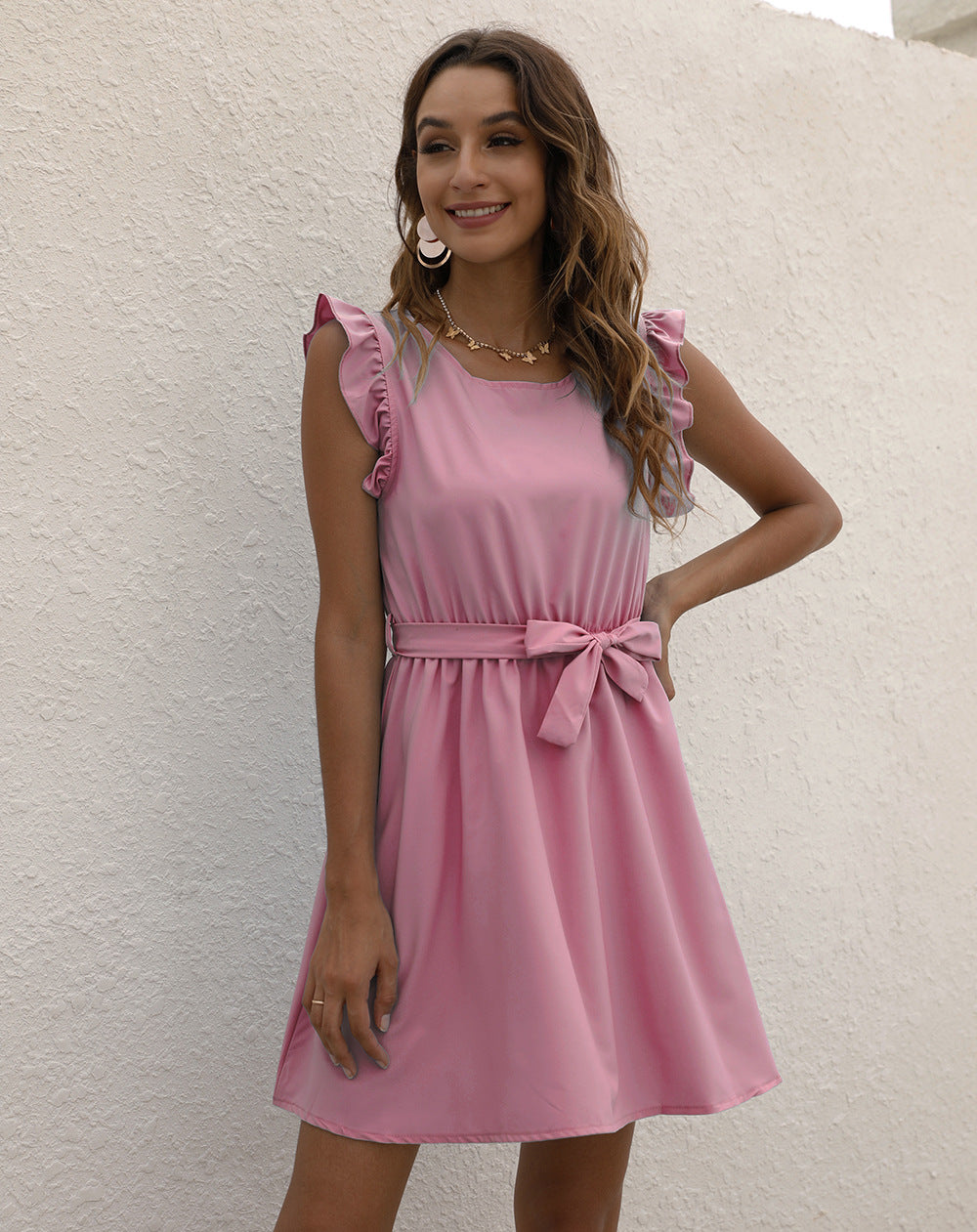 Women's Sleeveless Midi Dress with Ruffle Shoulders and Waist Tie