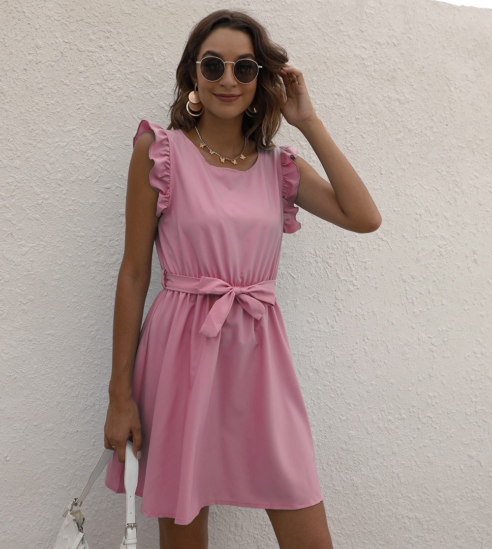 Women's Sleeveless Midi Dress with Ruffle Shoulders and Waist Tie