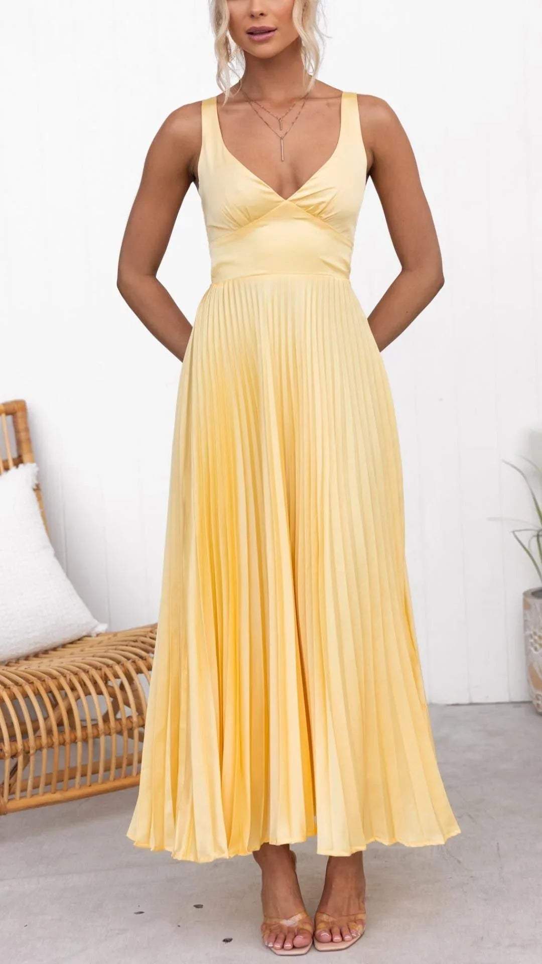 Women's Yellow Pleated Maxi Dress with V-Neck and Sleeveless Cut