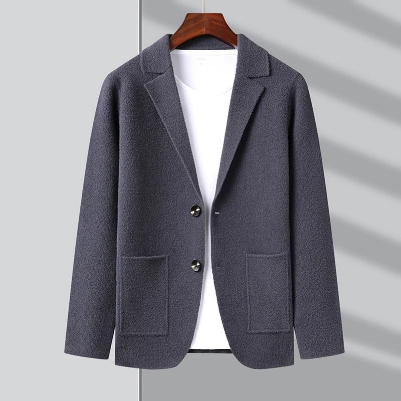 Men's Blazer-Style Cardigan with Lapel Collar and Patch Pockets