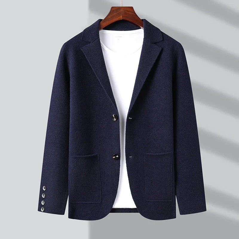 Men's Blazer-Style Cardigan with Lapel Collar and Patch Pockets