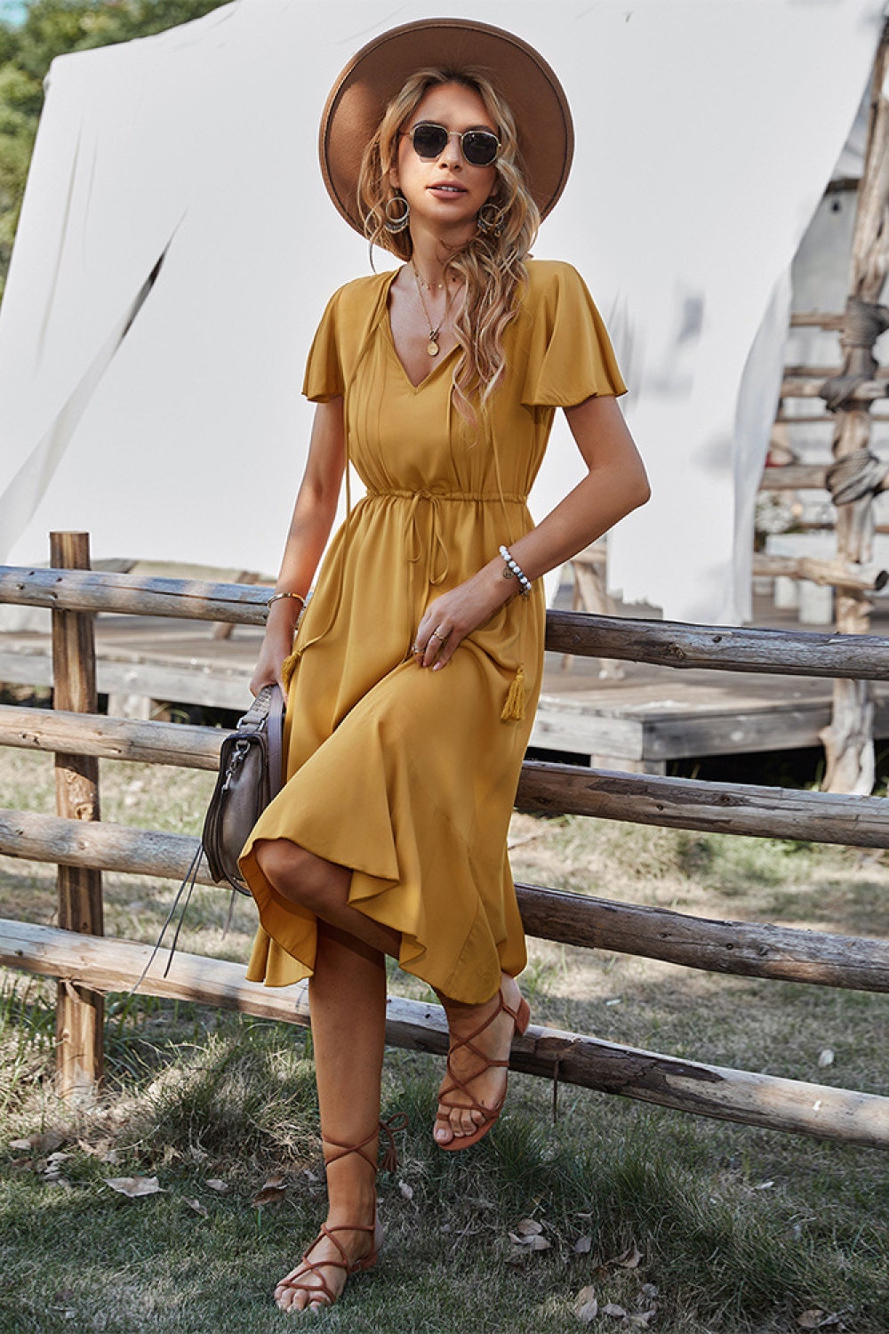 Women's Short Sleeve Midi Dress with Drawstring Waist Detail